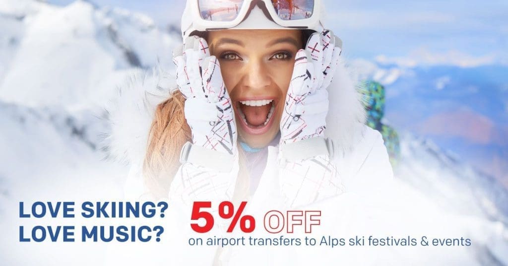 Bannière promotionnelle pour les festivals de ski dans les Alpes, représentant une femme à l'air à la fois surpris et heureux.