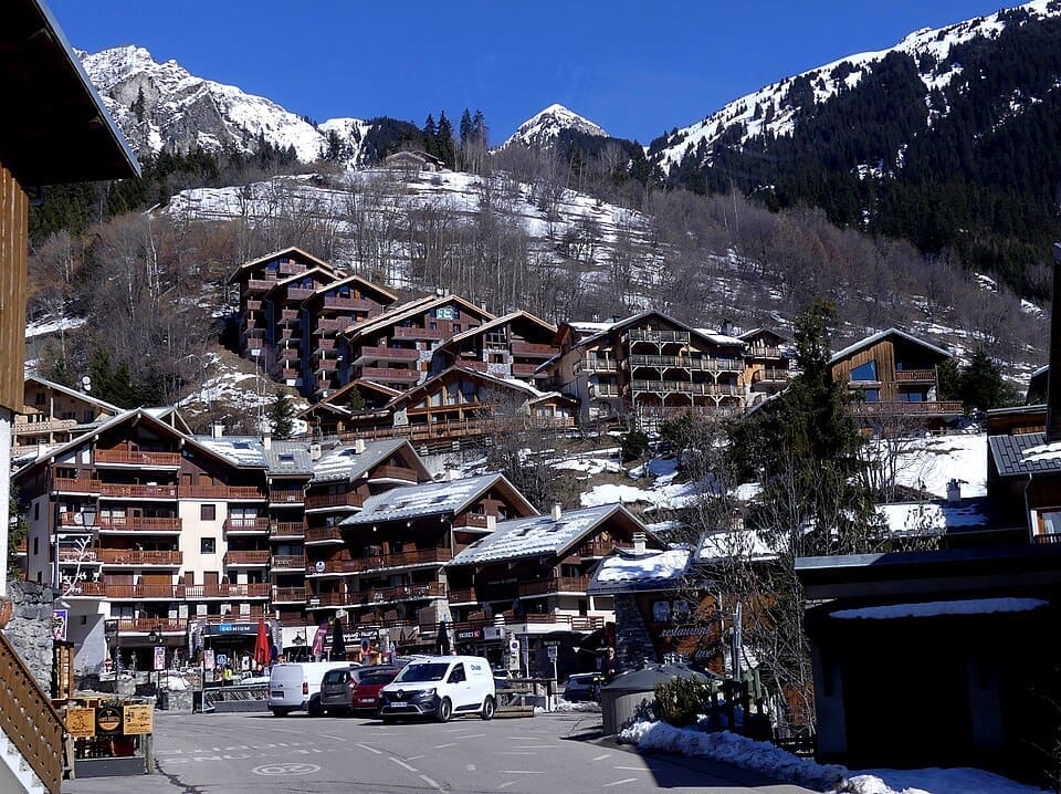 Sight, in winter, of Champagny-en-Vanoise village, in Savoie, France.