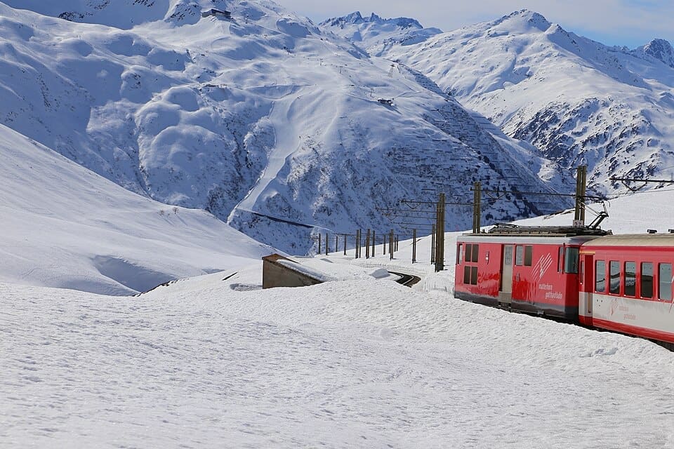 Landscape view of Andermatt village and the Gemsstock ski area