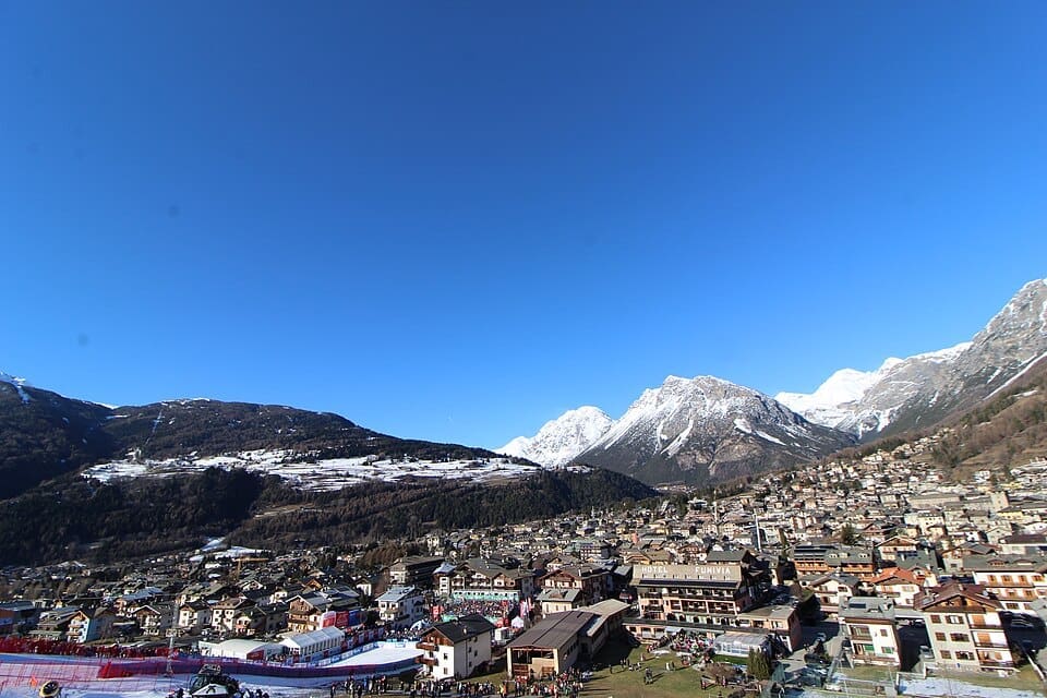 Panoramic view of Bormio ski resort and the Pista Stelvio