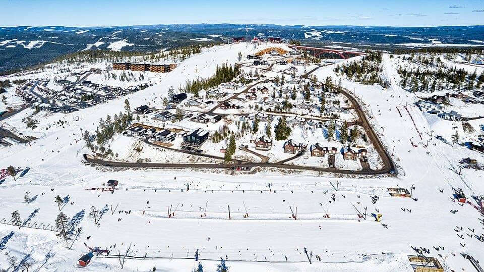 Aerial view of the Branäs ski resort slopes in Sweden