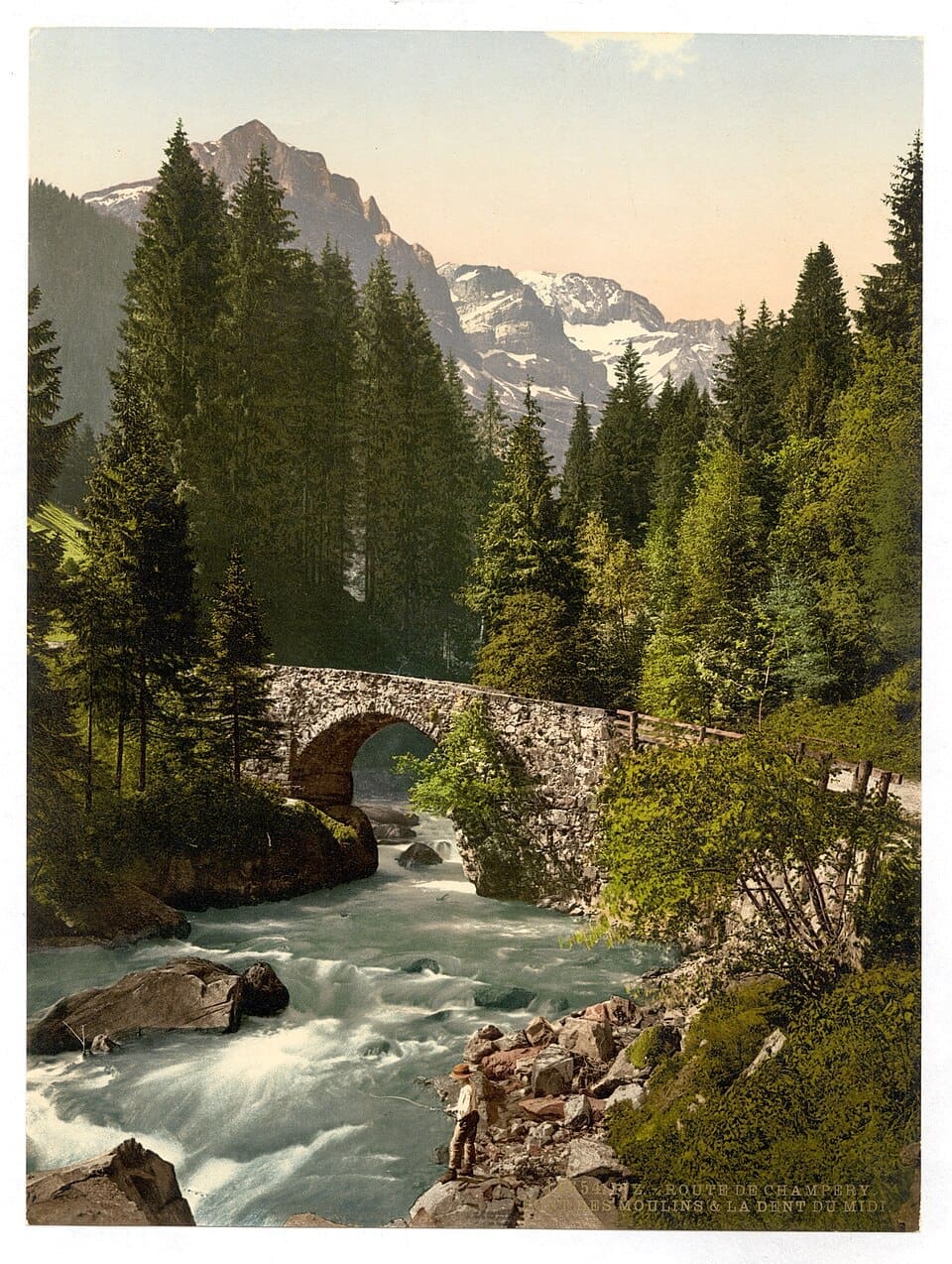 Historical photochrom print of Champéry and the Dents du Midi