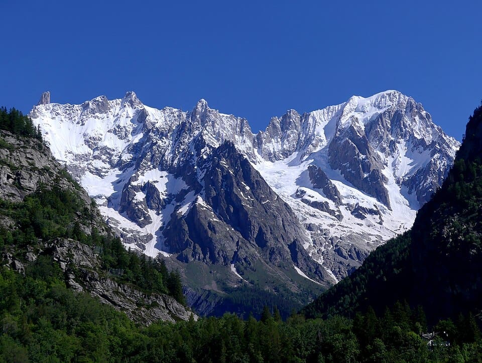 Sight of Mont-Blanc mountain range from Dolonne near Courmayeur