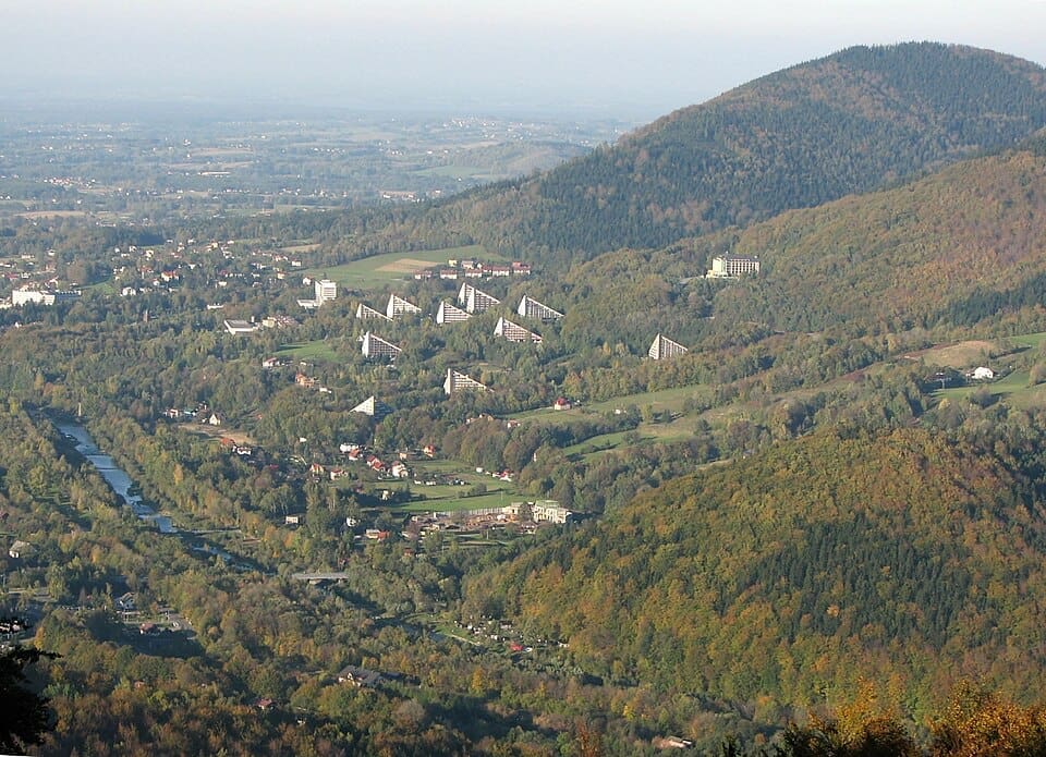 View of the Czantoria mountain and ski resort in Ustroń in winter
