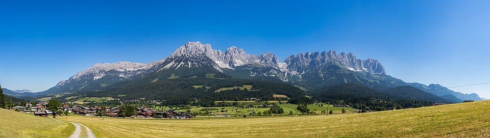 Panorama of Kaisergebirge, Tyrol, Austria, with Ellmau in the foreground
