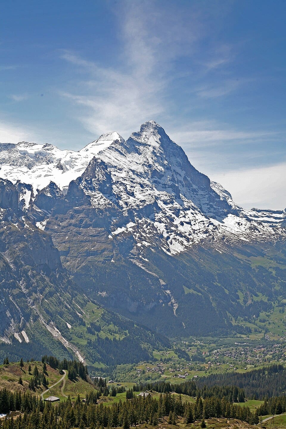 Landscape view of Grindelwald village and the imposing Eiger North Face