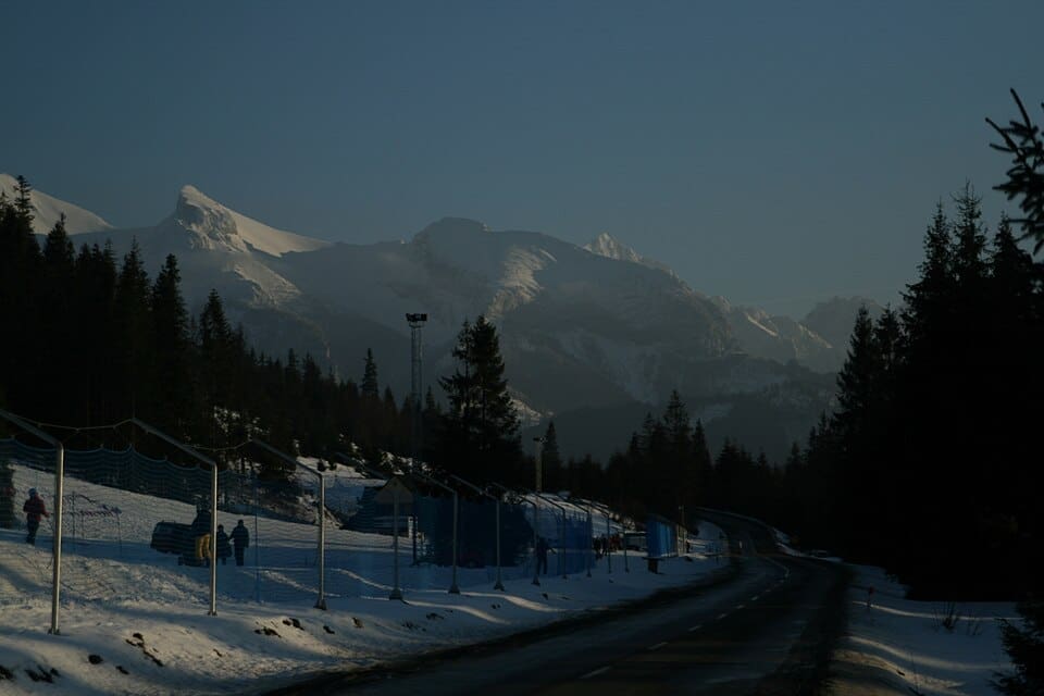 Tatra mountains viewed from a snowy ski slope in Jurgów, Poland