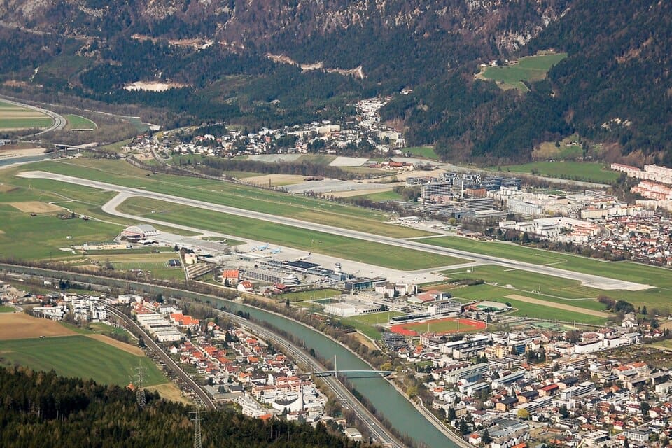 Aerial overview of Innsbruck Airport in the Inn valley