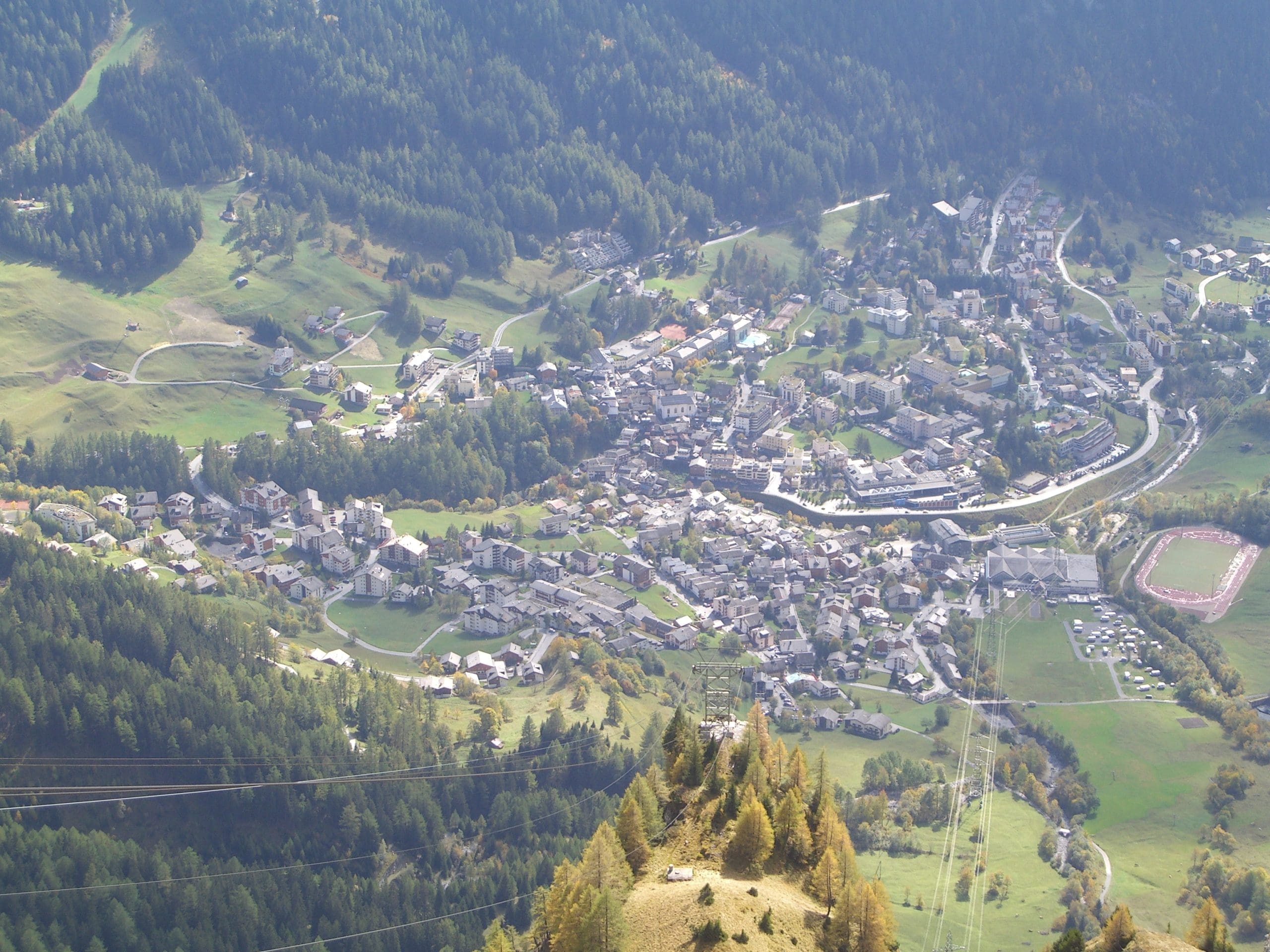 Aerial view of Leukerbad village and surrounding Valais Alps