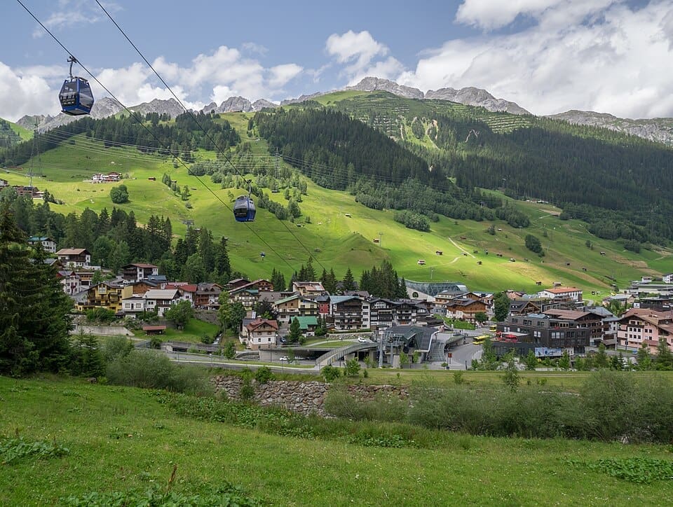 Winter view of St. Anton am Arlberg village and the Rendlbahn ski lift