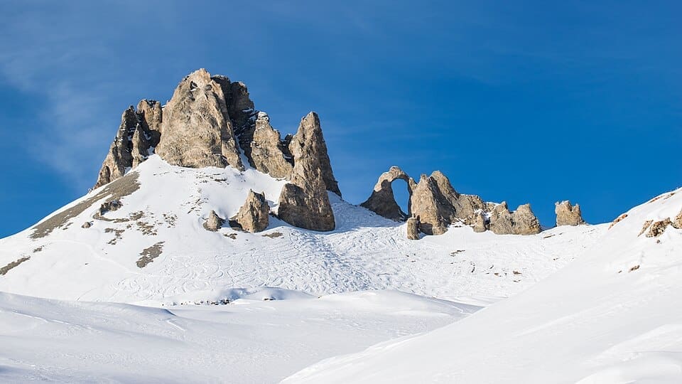 The iconic Aiguille Percée peak in Tignes ski resort